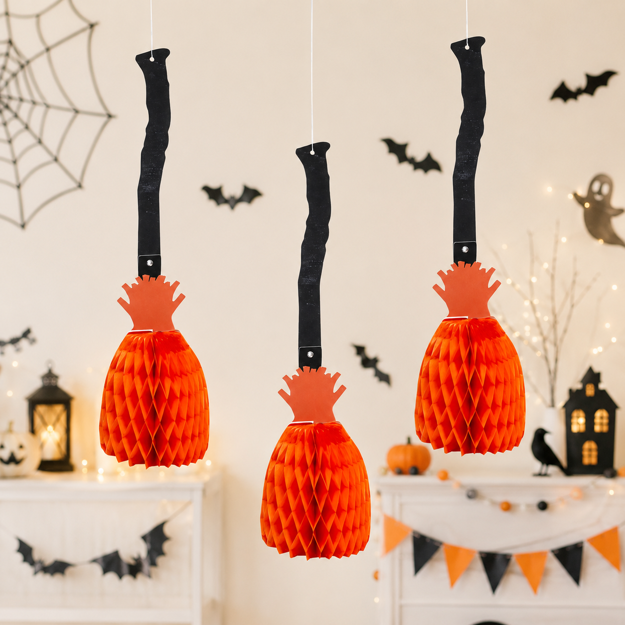 Witching Hour Broomstick Hanging Honeycomb Decorations-3Pk